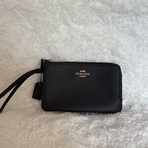 Coach Black Leather Wristlet with Gold Accents